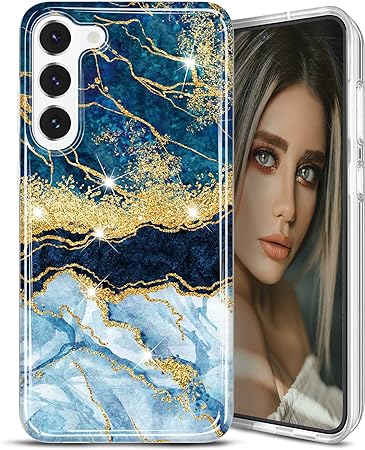 JIAXIUFEN Galaxy S23 Case Gold Sparkle Glitter Marble Slim Shockproof TPU Soft Rubber Silicone Cover Phone Case for Samsung Galaxy S23 5G 6.1 inch 2023 Dark Blue