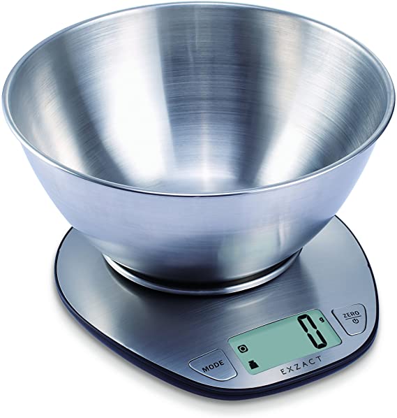 Exzact EX4350 Premium Large Display Electronic Wet and Dry Food Weighing Kitchen Scale with Stainless Steel Mixing Bowl - 5 Kilogram / 11 Pound by Exzact