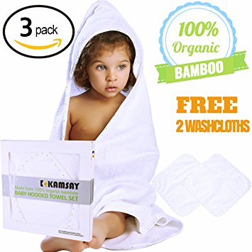 Organic Bamboo Baby Hooded Bath Towel & 2 Washcloths -Large (34”X34”) - 100% Bamboo, Organic, 450 GSM , ULTRA SOFT - Boy & Girl, Infant and Toddler Baby Gift