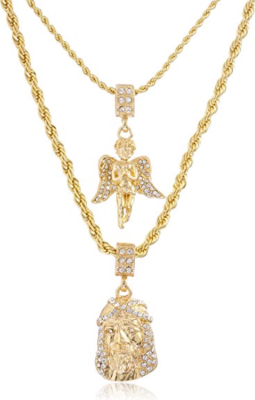 Double Layer Necklace with Iced Out Angel & Jesus Pendants 22-28 Inch Rope Chain Necklace - Goldtone or Silvertone