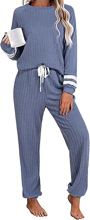 Ekouaer Lounge Sets for Women Ribbed Knit Outfits Pajamas Sets 2 Piece Long Sleeve Sweatsuits with Pockets