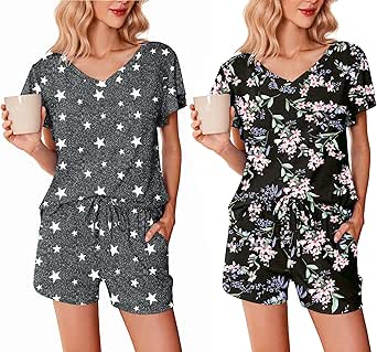 Ekouaer 2 Pack Women's Pajamas Set Soft Ruffle Sleeve Pjs Set Casual V Neck Lounge Set with Pockets