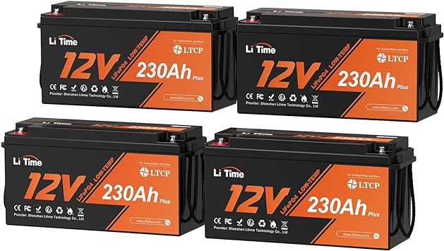 Litime 4 Pack 12V 230Ah Low-Temp Protection LiFePO4 Battery Built-in 200A BMS, Max 2944Wh Energy, Lithium Iron Phosphate Battery Perfect for Solar System, RV, Camping, Boat, Home Energy Storage