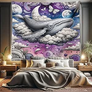 Ambesonne Purple Tapestry King Size, Detailed Illustration of a Whale on Clouds with Bohemian Mandala Ornaments, Wall Hanging Bedspread Bed Cover Wall Decor, 104" X 88", Grey Rose and Quartz