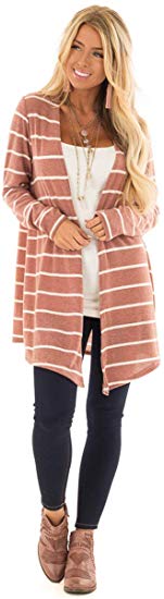 Myobe Women's Elbow Patch Shawl Collar Thick Striped Open Front Cardigan Sweaters Coat Outwear