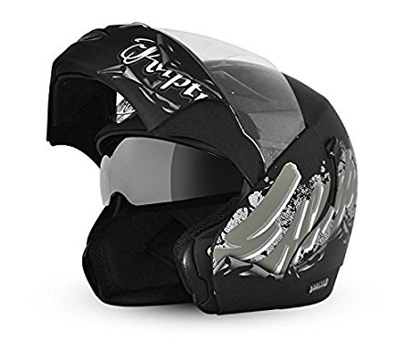 Vega Boolean Escape Flip-up Graphic Helmet with Double Visor (Dull Black and Silver, M)