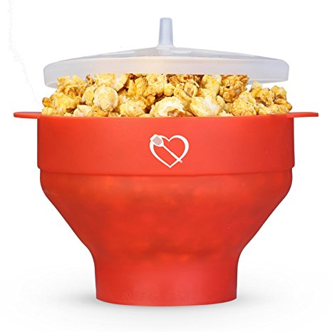 Live Healthy Microwave Popcorn Popper [Collapsible] [Heat Safe Side Handles] No Oil required, [BPA PVC Free] Silicone Popcorn Maker with lid [Dishwasher safe] Red