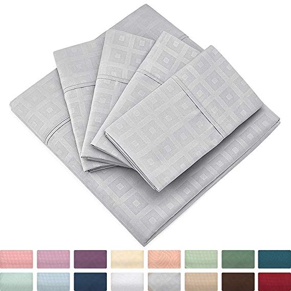 Cosy House Collection Elegant Bed Sheets - Full Size, Silver (Squares) - Luxury 6 Piece Hotel Bedding Set - Deep Pocket - Matte and Shine Beautiful Patterns - 1 Fitted, 1 Flat, 4 Pillowcases