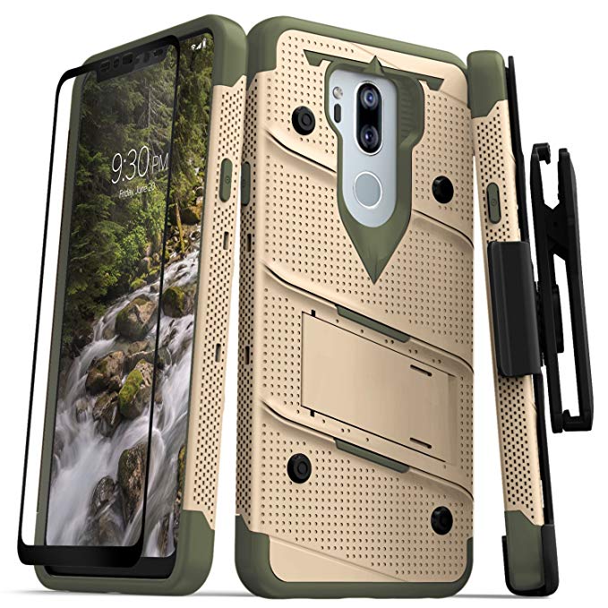 Zizo Bolt Series Compatible with LG G7 ThinQ Case Military Grade Drop Tested with Tempered Glass Screen Protector, Holster, Kickstand TAN CAMO Green