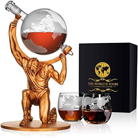 Atlas Man Whiskey Decanter Globe Set - With 2 Etched Globe Whiskey Glasses - For Whiskey, Scotch, Bourbon, Cognac and Brandy - 1000ml