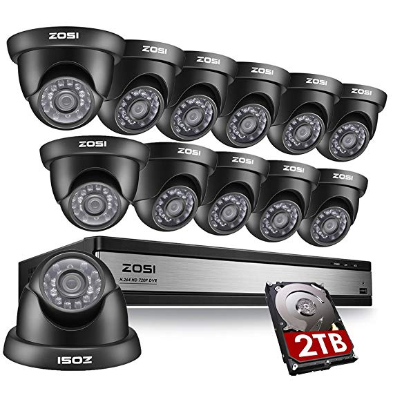 ZOSI 720P 16 Channel Surveillance Camera System with 2TB Hard Drive 16CH 1080N CCTV DVR Recorder   12x 1.0MP Outdoor/Indoor Night Vision Security Dome Cameras