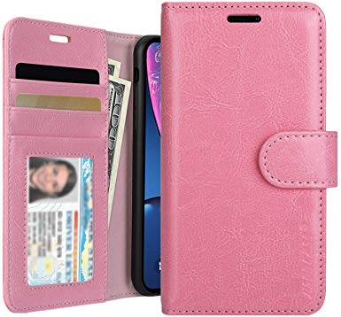 iPhone XR Wallet Case, Jisoncase Leather iPhone Xr Cases Women Girls with Credit Card Holder Slot Magnetic Closure Shockproof Protective Flip Case for Apple iPhone XR 6.1'', Pink