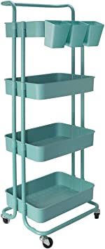Rolling Utility Cart Rolling Cart Storage Organizer Trolley with Lockable Wheels for Office Home Kitchen Bedroom Bathroom (4 Tier-Blue)