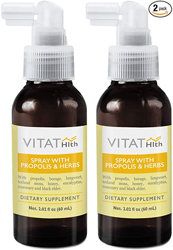 VITAT Adult Propolis Throat Spray with Honey and Herbs 2.02 Fl Oz - Natural Soothing Sore Dry Throat Relief and Immune Support for Cold Cough and Flu - Additive and Gluten Free (2 Pack, Adult)