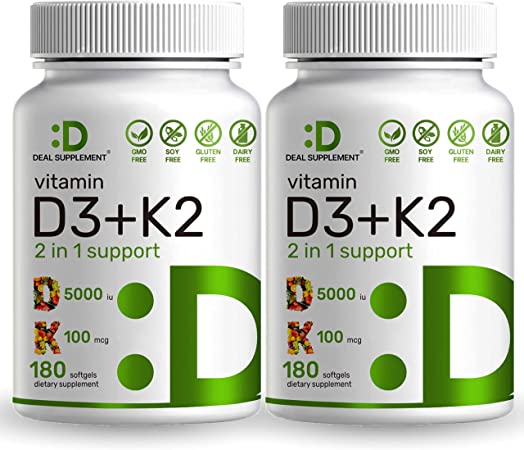 Vitamin D3 K2 Softgel, 180 Counts, 2-1 Complex, Vitamin D3 5000 IU & Vitamin K2 MK7 MK4, Promotes Heart, Bone & Teeth Health - Very Easy to Swallow (Pack of 2)