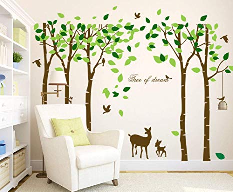 Mix Decor Tree Wall Decal - 5 Trees Wall Sticker Large Family Forest Deer Woodland for Livingroom Kid Bay Nursery Room Decoration Gift,Coffee   Green
