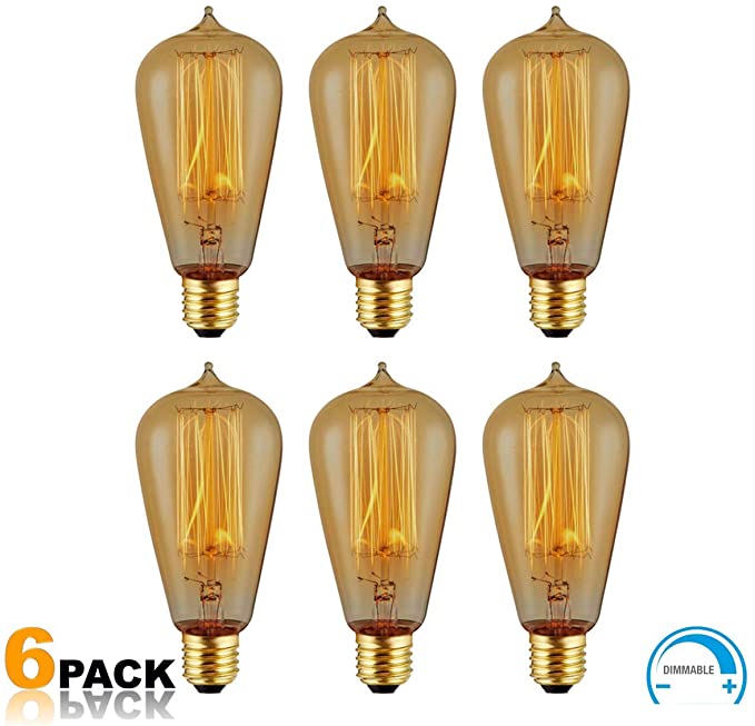 6-Pack Edison Light Bulb 40W - Vintage Squirrel Cage Filament Amber Glass Incandescent Lamps - Antique Vintage Old Fashion ST64 2200K Warm White E26 Dimmable