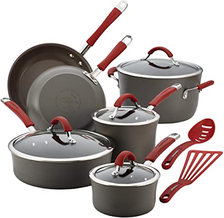 Rachael Ray Cucina Hard-Anodized Nonstick 12-Piece Cookware Set, Gray with Cranberry Red Handles