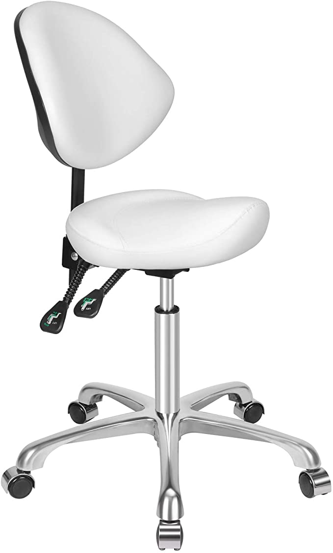 Kaleurrier Ergonomic Rolling Swivel Saddle Stool with Wheels,Hydraulic Pneumatic Lifting Height Adjustable Saddle Chair for Clinic Hair Salon Lab Kitchen Home Office Drafting Chairs (White, With Back)