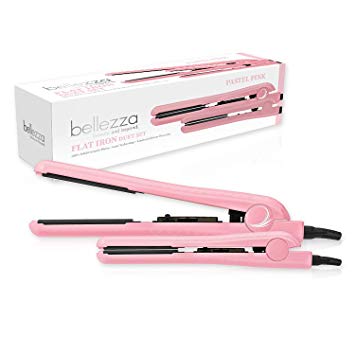 Bellezza Professional Collection 1.2 Inch Ceramic Flat Iron Bundle With Travel Size Mini 0.5 Inch (Blush Pink)