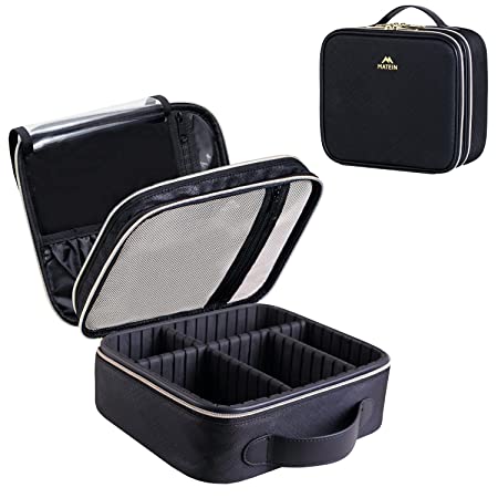 Makeup Organizer Bag, Double Layer Cosmetic Travel Case with Clear Toiletry Bags for Women, Waterproof Portable Make up Storage Box with Adjustable Dividers for Brushes Accessories, 2pcs Set, Black