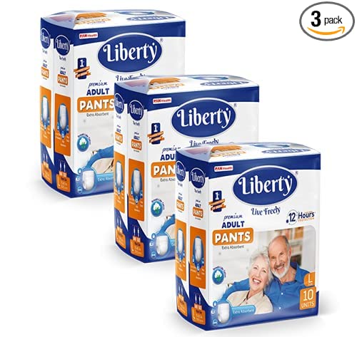 Liberty Premium Adult Diaper Pants, Large (L) 30 Count, Waist Size (75-140cm | 30-55 inches), Unisex, High Absorbency, Leak Proof, 12 Hrs Protection, Pack of 3, 10 Count/Pack