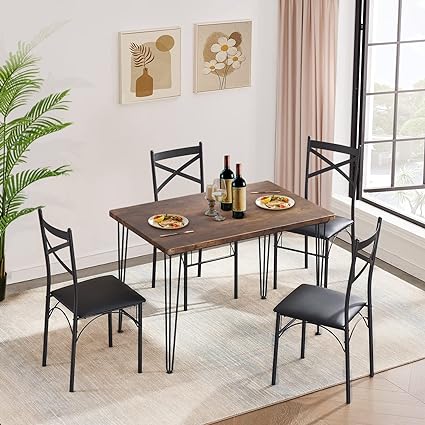 VECELO Kitchen Dining Room Table Set for Dinette, Breakfast Nook, 4 PU Metal Frame Chairs,Rectangular, Set of 5, Brown