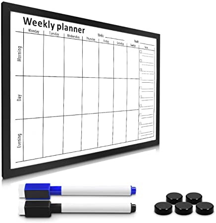 Navaris Magnetic Weekly Planner Whiteboard - Dry Wipe White Board Calendar with 7-Day Week Plan for Wall - Includes 2 Pens and 5 Magnets - 40 x 60 cm