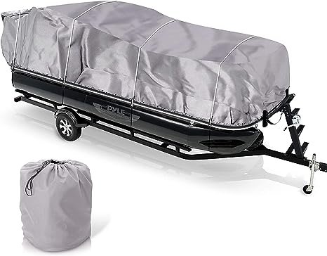 Pyle Universal Boat Adjustable Storage Cover - 17'-20'L to 96” Pontoon Boats Protection Custom Heavy Duty Waterproof Weather Resistant Polyester Fabric, Snap Strap, Elastic Cord, Bag - Pyle PCVHP440