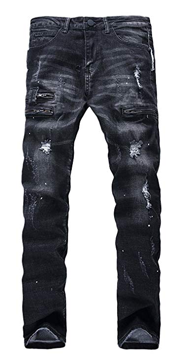 LAMCORD Men's Ripped Slim Straight Fit Moto Biker Jeans with Zipper Deco