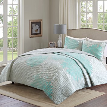 Comfort Spaces – Enya Quilt Mini Set - 3 Piece – Aqua and Grey – Floral Printed Pattern – Full / Queen size, includes 1 Quilt, 2 Shams