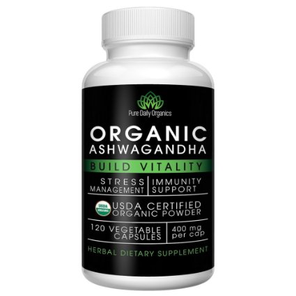 Ashwagandha, 100% Organic - 120 Veg-Capsules - 400mg - Pure Ashwagandha Root Powder - Builds Vitality, Supports Immunity, and Manages Stress