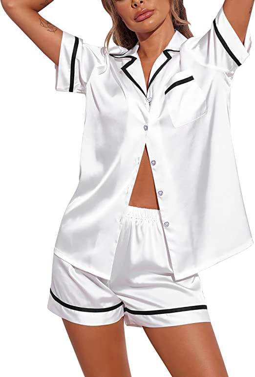 Ekouaer Women Button Up Pajama Set Classic Button Down Pajama Shorts Set Short Sleeve Lounge Set