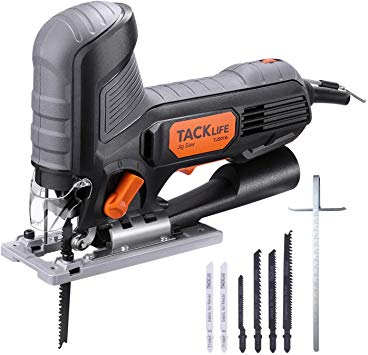 Jig Saw, TACKLIFE 5.0 Amp Barrel-Grip Jigsaw with 800-3000SPM Variable Speed, 6 Blades, Adjustable Aluminum Base, Pure Copper Motor, Tool-free Blade Changing, 10 Feet Cord – TJS01A