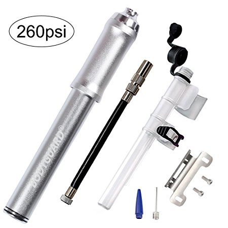 Bodyguard Mini Bike Pump - Reliable Hand Air Pump, Presta and Schrader Valve Compatible with Road, Mountain and BMX Bicycle Tires, High Pressure 260 Psi, 7.3 inches