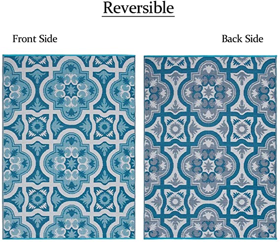Smart Design Reversible Outdoor/Indoor Plastic Rug, Easy to Clean and Fold,Perfect for RV,Deck,Patio,Camping,Pianic and Beach-(Blue，5x7)