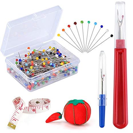 Pllieay 250 Pieces Sewing Pins 38mm Multicolor Glass Ball Head Pins Straight Quilting Pins Including Sewing Seam Ripper and Soft Tape Measure for Dressmaking Jewelry Components Flower Decoration