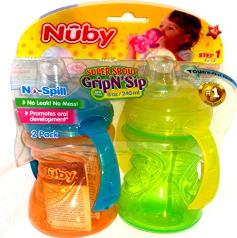 Nuby 2 Count 2 Handle Cup with No Spill Super Spout, Green/Orange