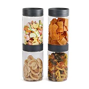 CELLO Modustack Stackable Container Set | PET Plastic Jar with Air Tight Lid | For Storage of Food, Pulses, Spice, Cereals, Cookies, Dry Food | 2000ml | Set of 4, Grey