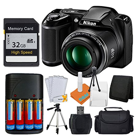 Nikon COOLPIX L340 20MP Digital Camera (Black)   AA Batteries & Charger   32GB SDHC Memory Card   50" Quality Tripod Pro Kit