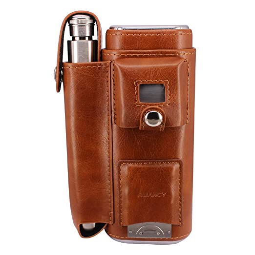 AMANCY Elegant 2 Holder Brown Leather Portable Cigar Case Gift Set,Contained 2 Oz Stainless Steel Flask with Lighter and Cutter