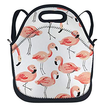 oFloral Flamingo Insulated Neoprene Lunch Bag Tote Cute Flamingo Party Pattern Lunchbox Backpack With Detachable Adjustable Shoulder Strap For Children Kids Teens Boys Girls Women Peach Red Black