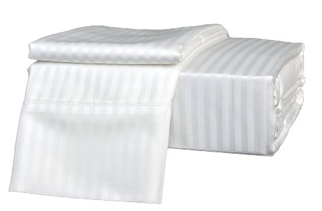Brielle 630 Count 100-Percent Egyptian Cotton Sateen Premium 600 Plus Sheet Set Full White Stripe