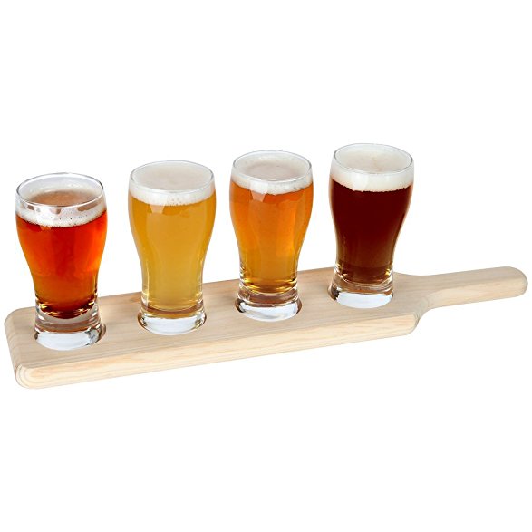 Lily's Home Beer Flight Paddle | Beer Tasting Set, 4 Pilsner Glasses (6 Ounce) With Attractive Wooden Tray, Best For Beer Lovers, Home Brewers, Professional Bars & Breweries