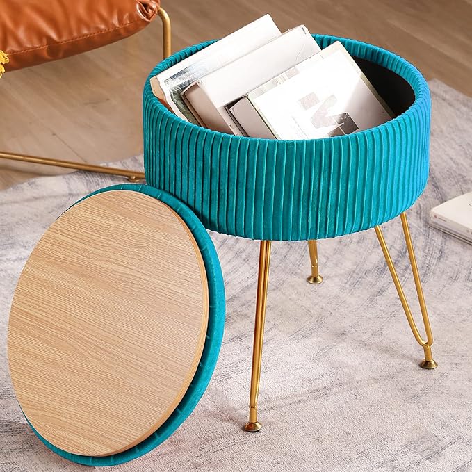 CUYOCA Ottoman Storage Footrest, Velvet Upholstered Round Foot Rest Vanity Stool with Metal Legs, Coffee Table Modern Accent Stools, Makeup Footstool, Teal