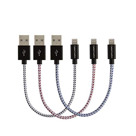 [Apple MFi Certified] CableCreation 3-PACK Short Lightning to USB Data Sync Cable for iPhone, iPad, iPod, Metal Plug & Cotton Jacket, 15CM (Red/Black/Blue)