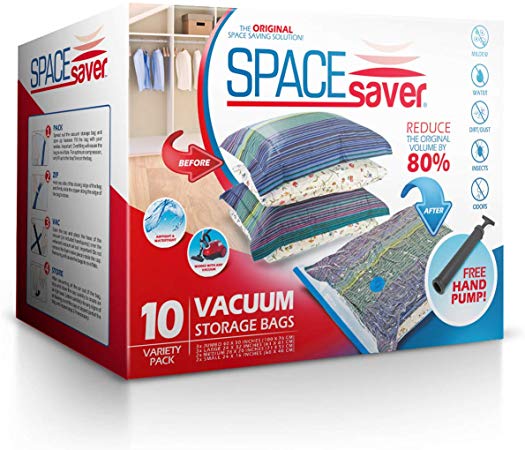 Spacesaver Premium Vacuum Storage Bags, Lifetime Replacement Guarantee, Works with Any Vacuum Cleaner, 80% More Storage Space! Free Hand-Pump for Travel! (Variety 10 Pack)