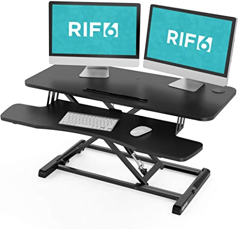 RIF6 Adjustable Height Standing Desk Converter with Concealed Handles - 37.4 Inch Wide Laptop Riser or Dual Monitor Workstation - Easily Adjust Sit or Stand with Gas Spring Lift - Black
