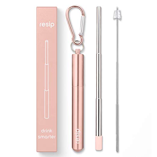 Portable Reusable Drinking Straws | Collapsible & Foldable Telescopic Stainless Steel Metal Straw | Final Aluminum Case, Long Cleaning Brush, Silicone Tip | Designed in US | Rose Gold | 1-Pack