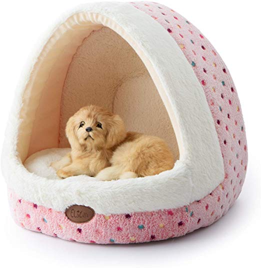 Tofern Colorful Dots Patterns Striped Cute Pet Fleece Bed Puppy Small Medium Dog Cat Sleeping Igloo House Non-Slip Warm Washable, Pink Dots